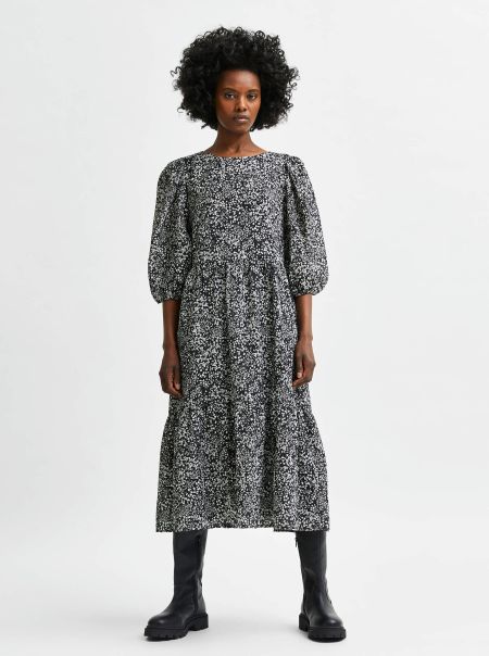 Imprimé Robe Mi-Longue Selected Robes Femme Black