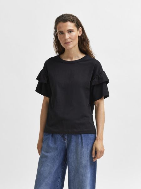 Black Femme Volant En Coton Biologique T-Shirt T-Shirts Selected