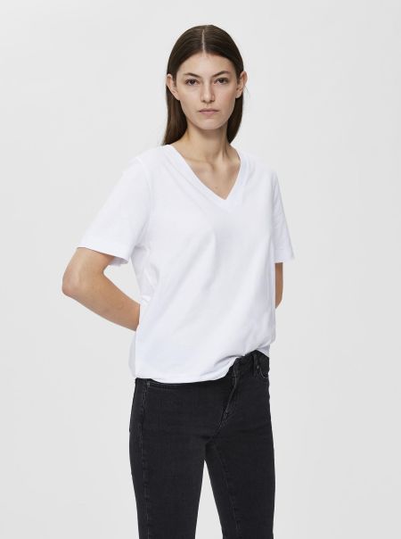 Femme Bright White Col En V T-Shirt Selected T-Shirts