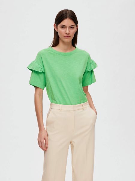 Selected Femme Volant En Coton Biologique T-Shirt Absinthe Green T-Shirts