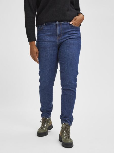 Femme Selected Dark Blue Denim Jeans Curve Taille Haute Coupe Slim Jean