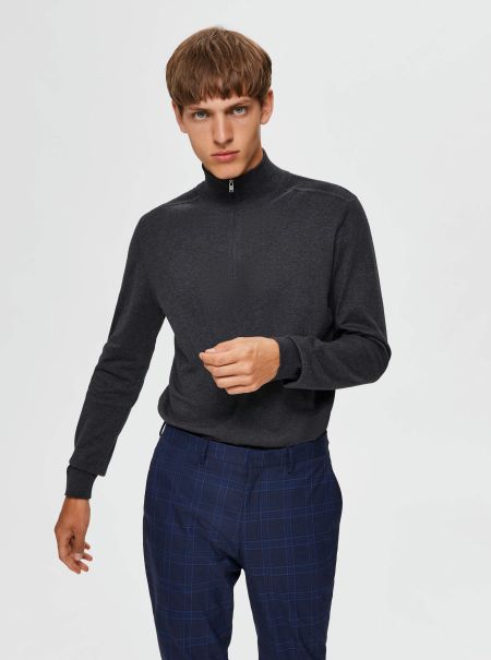 Homme Antracit Tricots Selected Half-Zip Pull En Maille