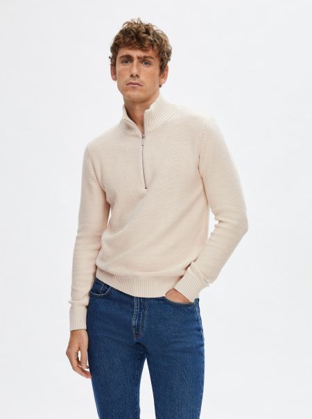 Homme Demi-Fermeture Éclair Pullover Tricots Selected Oatmeal