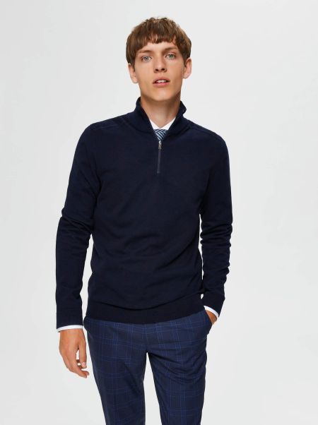 Selected Homme Navy Blazer Half-Zip Pull En Maille Tricots