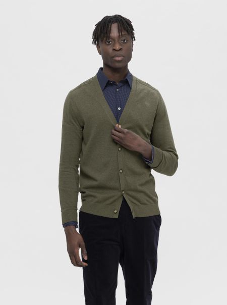 Manches Longues Cardigan En Maille Homme Ivy Green Selected Tricots