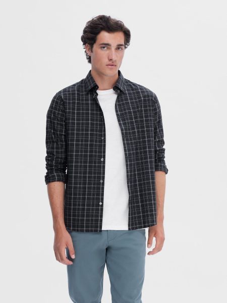 Dark Blue Selected Checked Untucked Chemise À Manches Longues Chemises Homme