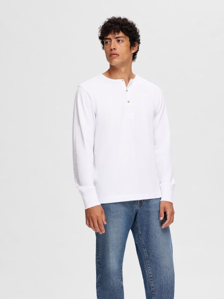Homme T-Shirts Bright White Selected Henley À Manches Longues T-Shirt