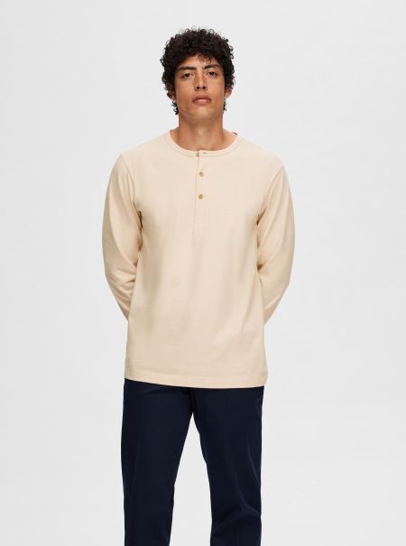 Homme Oatmeal T-Shirts Selected Henley À Manches Longues T-Shirt
