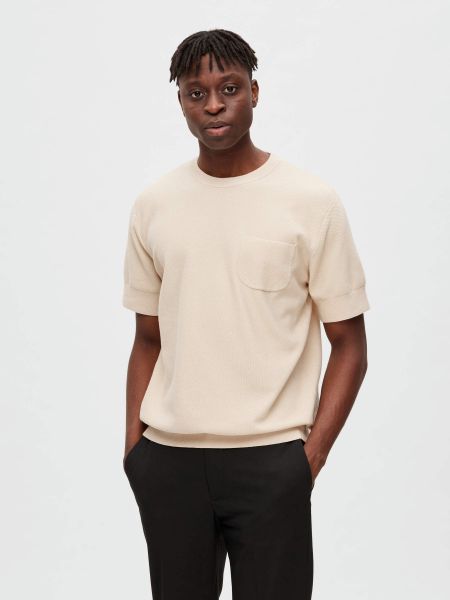 Homme Selected En Maille Top À Manches Courtes Oatmeal T-Shirts
